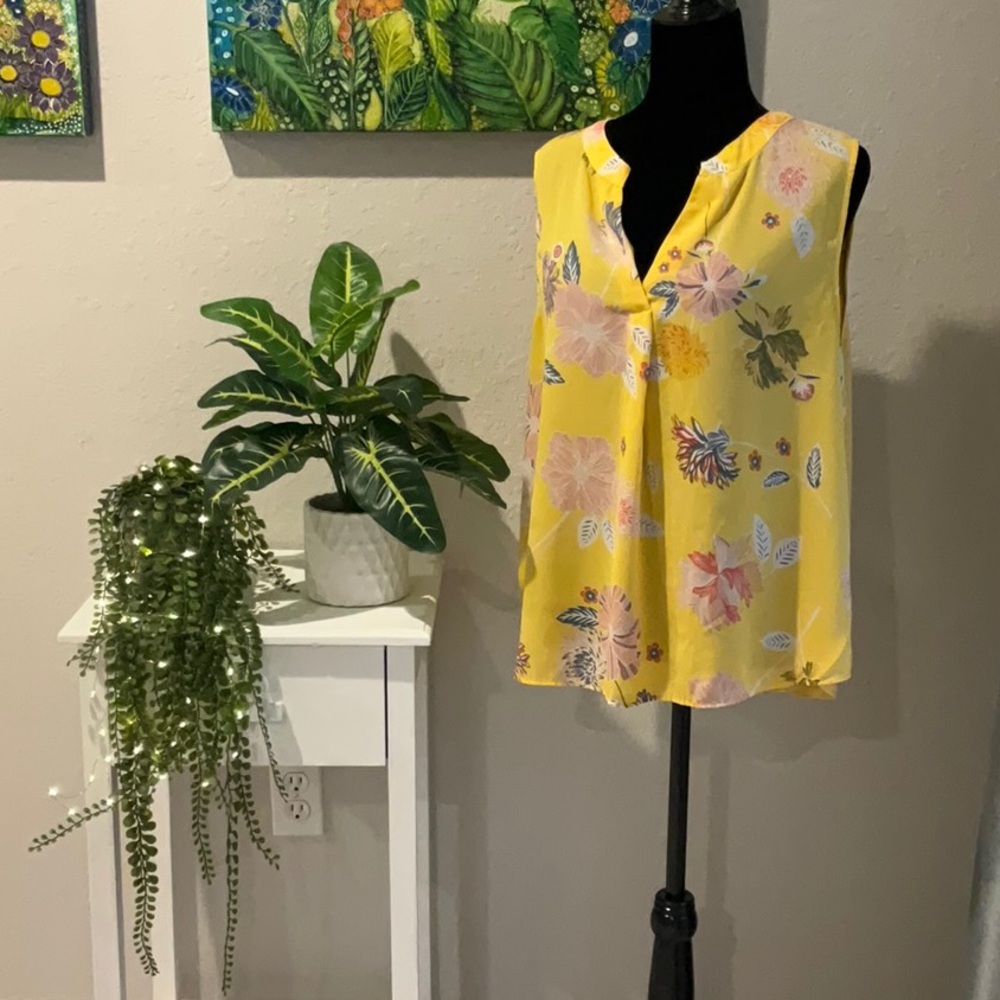 LOFT Yellow Sleeveless Blouse with Floral Mandarin Collar